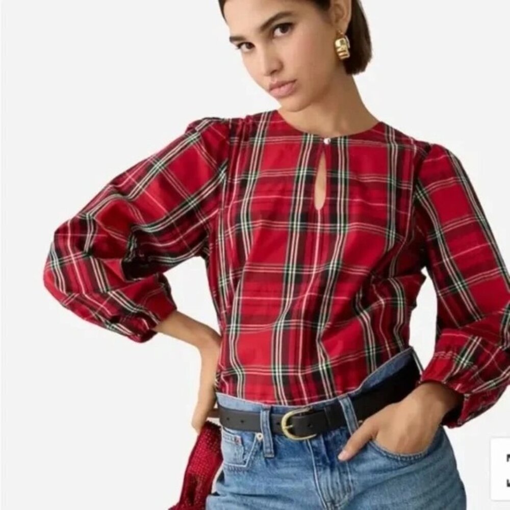 J.Crew  Puff-Sleeve Poplin Top Blouse Tartan Plaid Womens Size XS Classic Preppy
